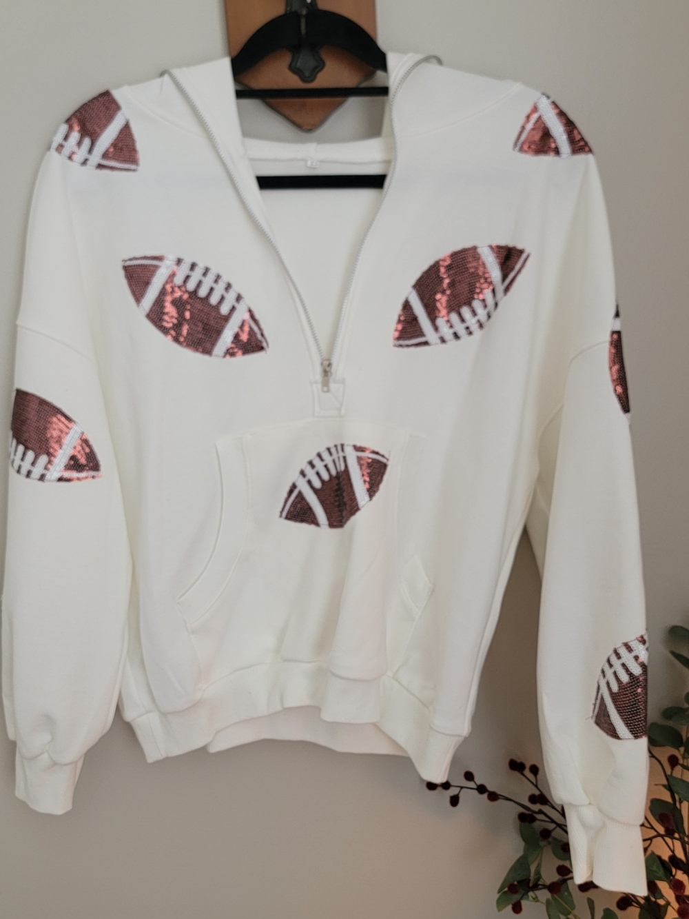 Cream Sequin Oversized XS Football Hoodie Sweatshirt